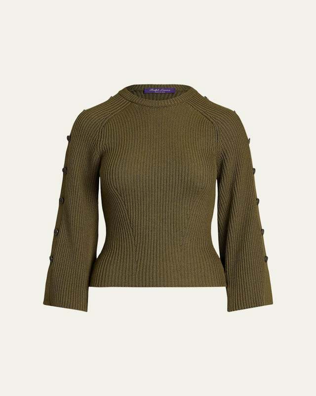 Rib-Knit Wool-Silk Button-Sleeve Sweater